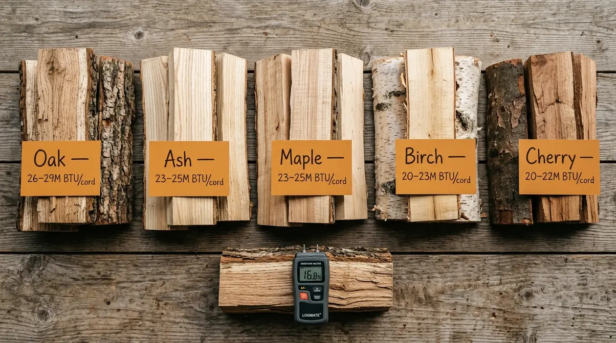 Five seasoned hardwood types for wood fired hot tubs showing BTU output ratings for oak, ash, maple, birch, and cherry
