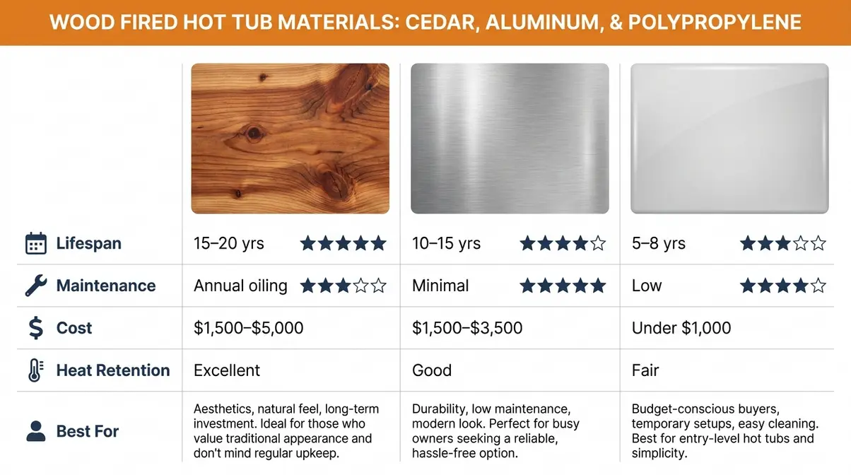 Comparison chart of cedar, aluminum, and polypropylene wood fired hot tub materials by lifespan and cost