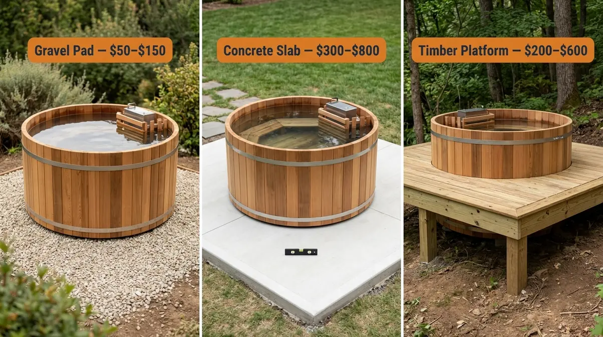 Three wood fired hot tub foundation options showing gravel pad, concrete slab, and timber deck platform