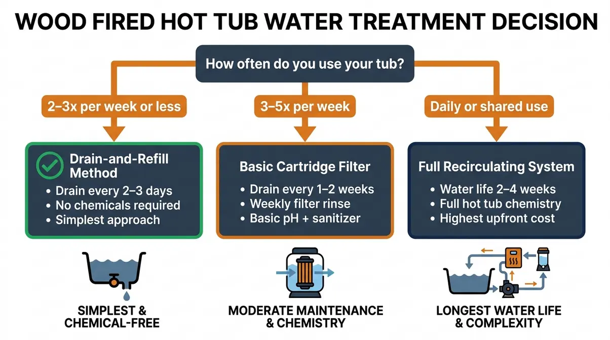 Flowchart decision tree for choosing drain-and-refill or filtration system for a wood fired hot tub