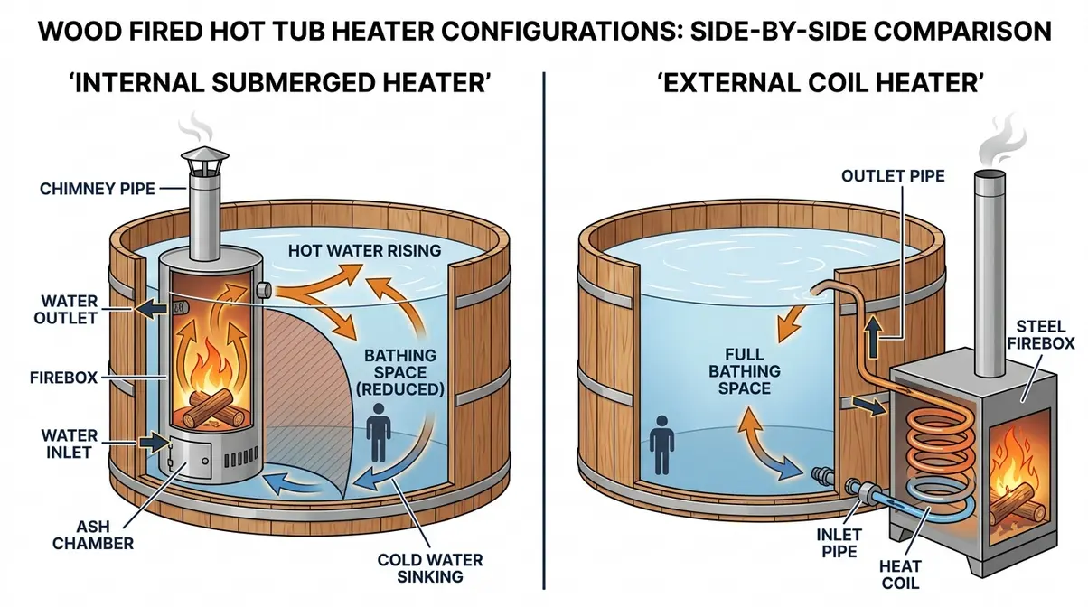 Diagram comparing internal submerged heater and external coil heater in a wood fired hot tub
