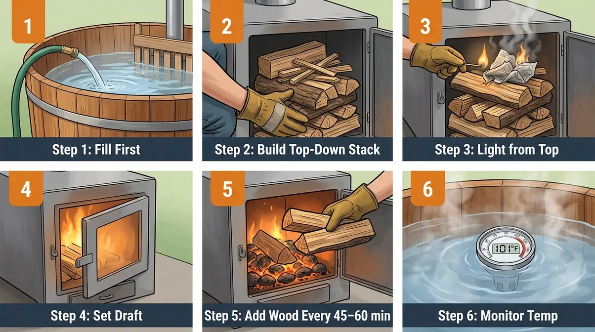 Six-step visual sequence showing the Heat-to-Soak Cycle for heating a wood fired hot tub from cold to soaking temperature