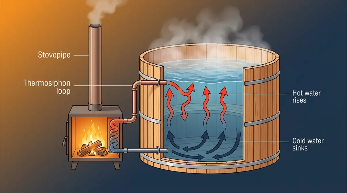 Cutaway diagram of wood fired hot tub showing thermosiphon convection water circulation mechanics