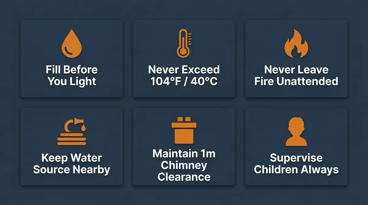 Six critical safety rules for wood fired hot tub operation including temperature limits and fire management