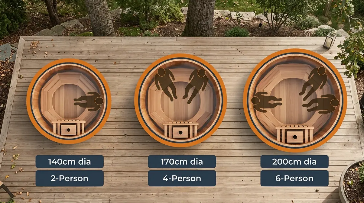 Three round wood fired hot tubs in different sizes showing 2-person, 4-person, and 6-person capacity comparison