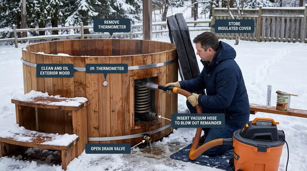 Person winterizing a wood fired hot tub by draining and blowing out heater coil lines before a freeze