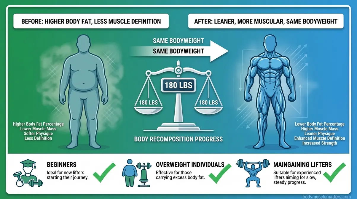 Body recomposition diagram showing muscle building while losing fat for beginners and intermediate lifters