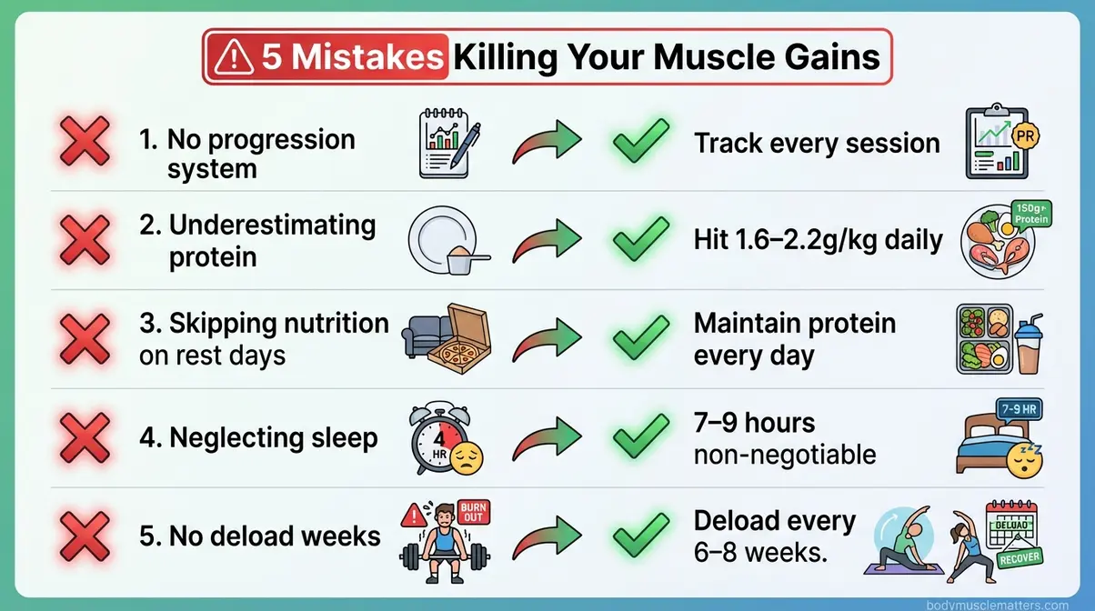 Checklist of five common muscle building mistakes with fixes for workout schedule and nutrition errors