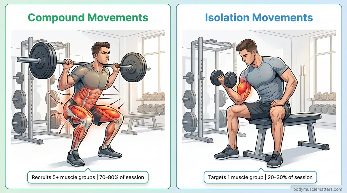 Comparison of compound squat and isolation bicep curl exercises showing muscle activation differences