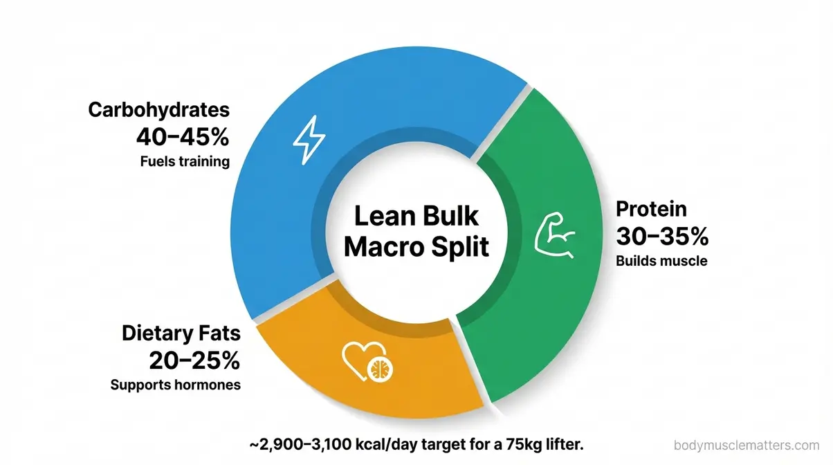 Macronutrient pie chart showing ideal calorie distribution for muscle building lean bulk with protein carbs and fats
