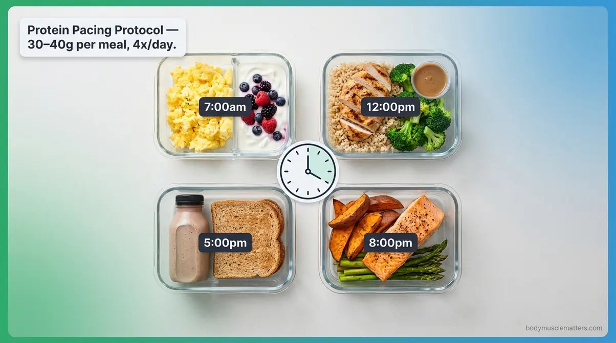 Weekly meal prep containers showing four-meal protein pacing protocol for muscle building nutrition timing