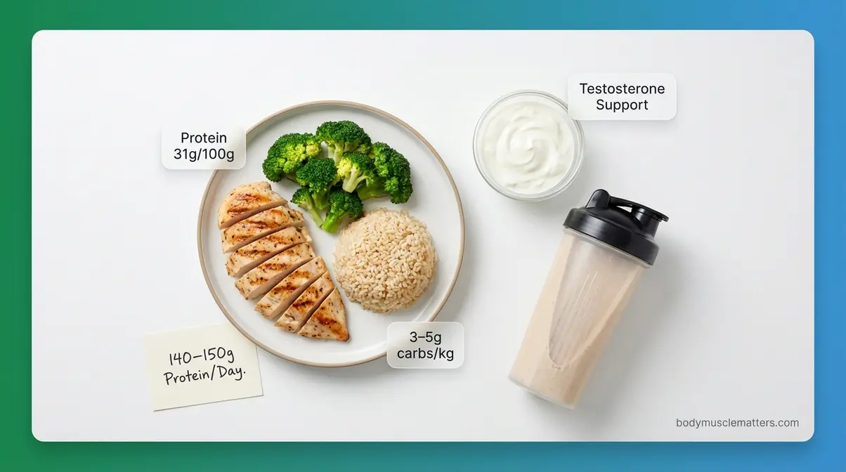Muscle building nutrition blueprint meal with chicken rice and protein shake for lean bulk diet