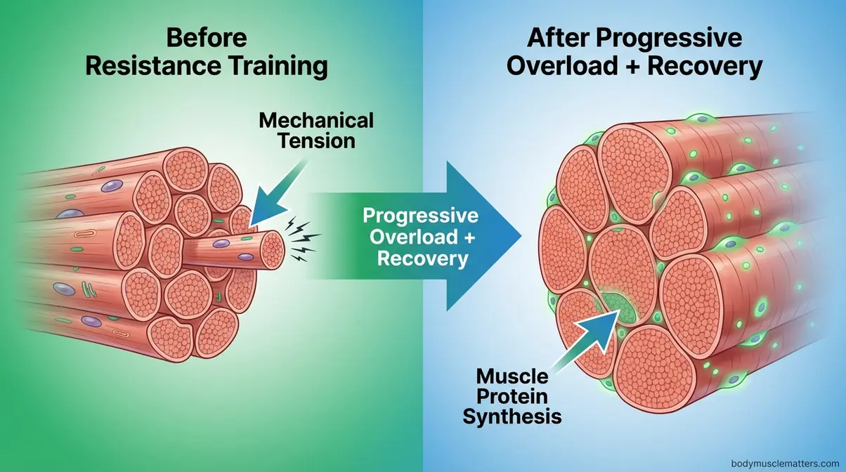 Scientific diagram showing muscle fiber hypertrophy process through progressive overload and protein synthesis