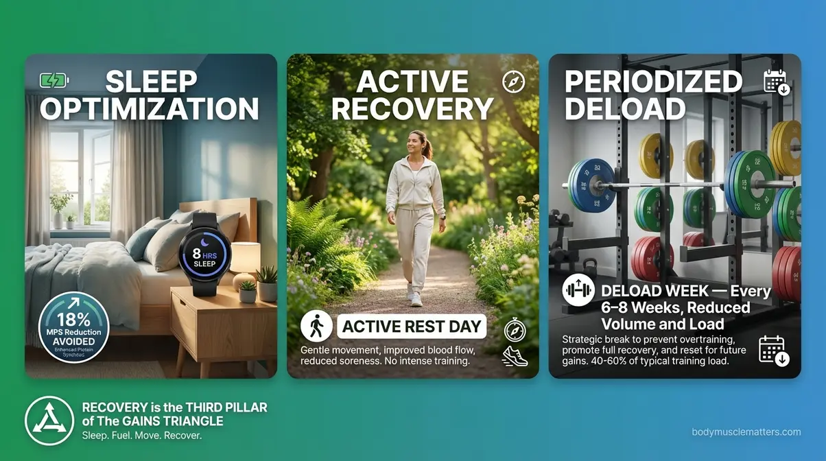 Muscle recovery protocol showing sleep quality active rest days and deload week for muscle building