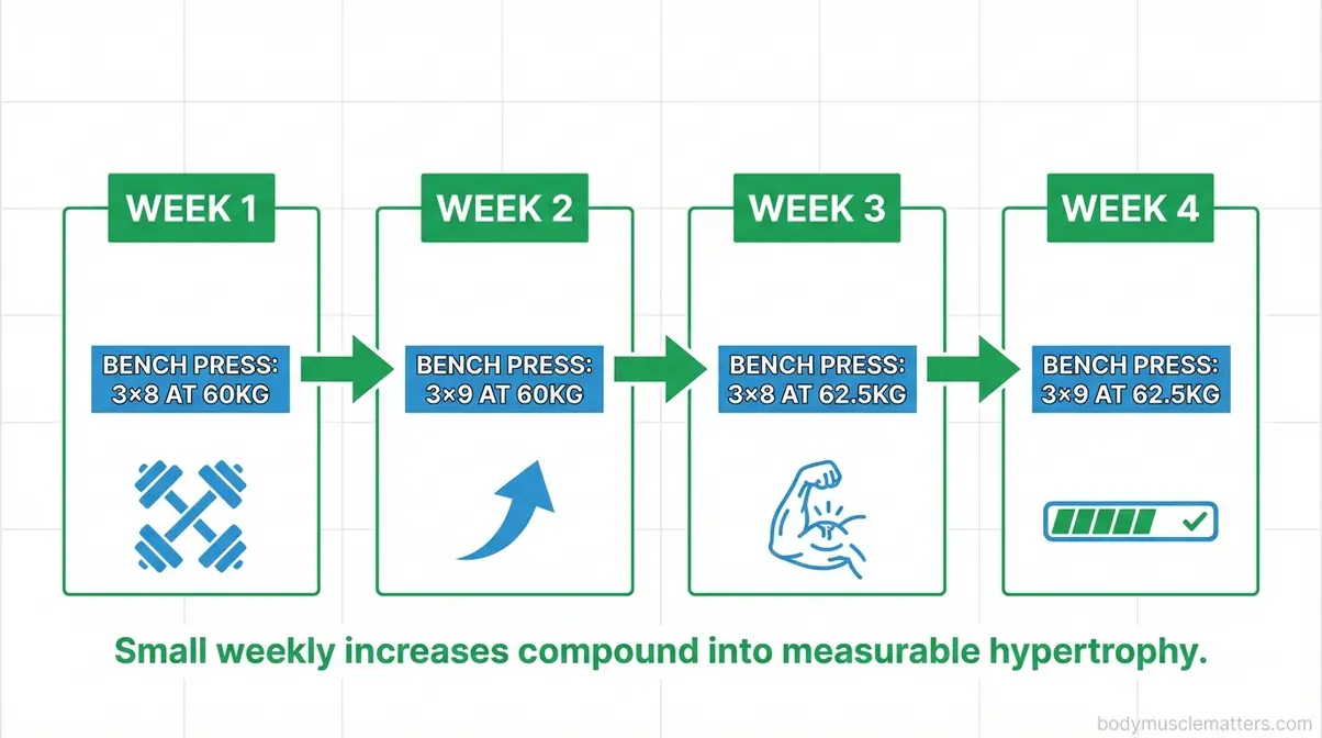 Flowchart showing progressive overload progression over four weeks for muscle building hypertrophy