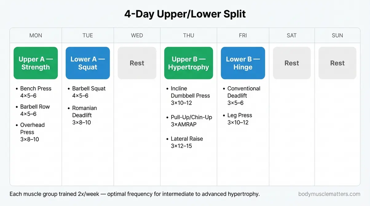 Visual weekly workout calendar showing four-day upper lower split schedule for muscle building beginners to advanced
