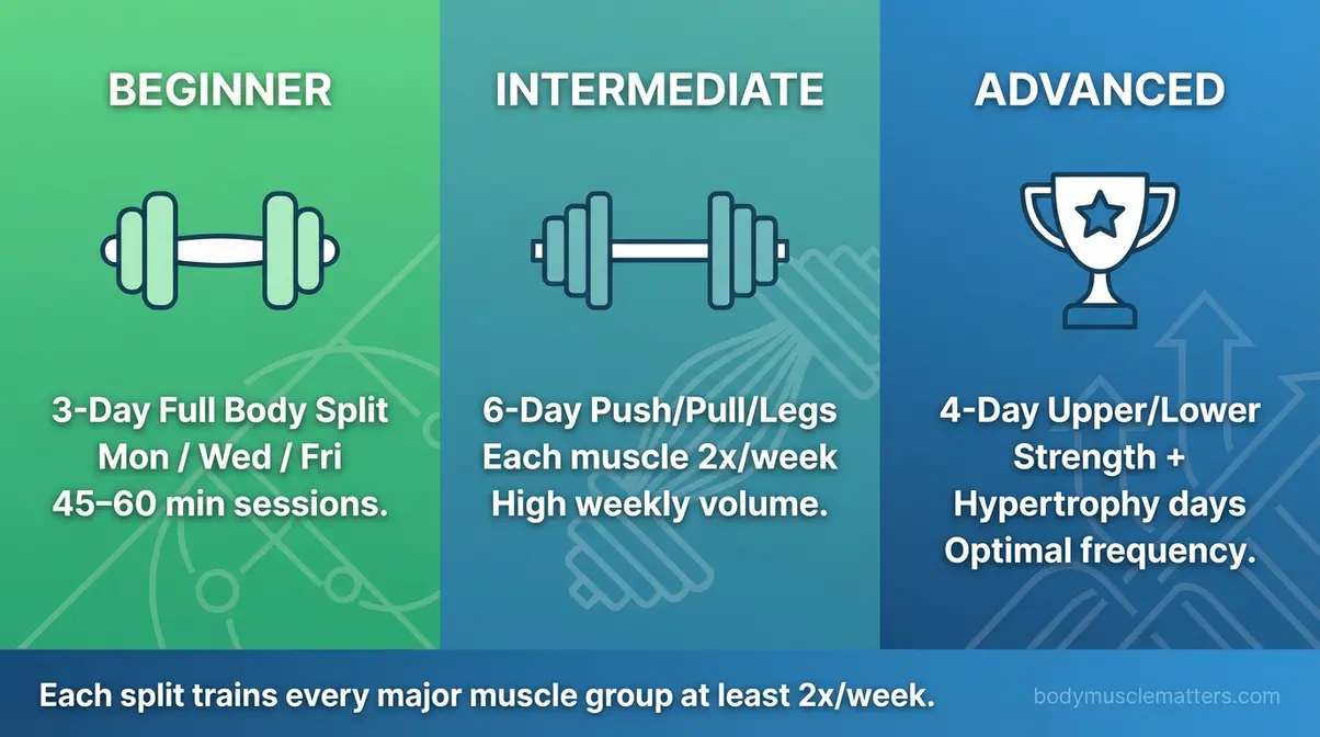 Three workout splits compared for beginner intermediate and advanced muscle building training levels