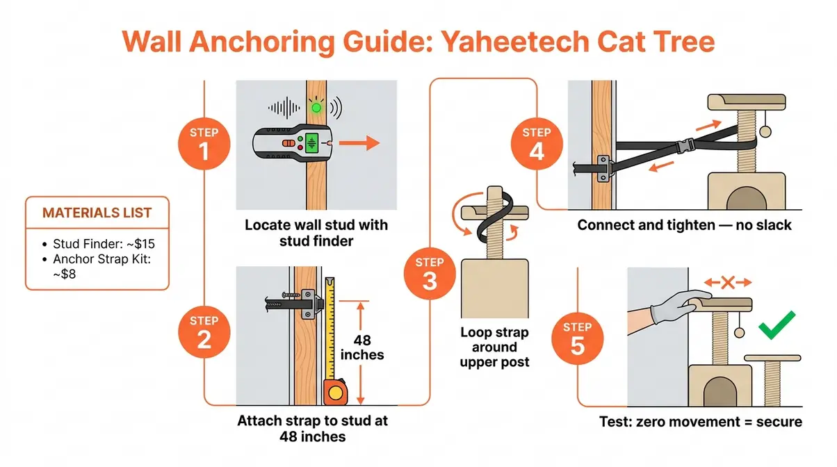 Step-by-step diagram showing how to anchor a Yaheetech cat tree to a drywall stud using furniture anchor straps