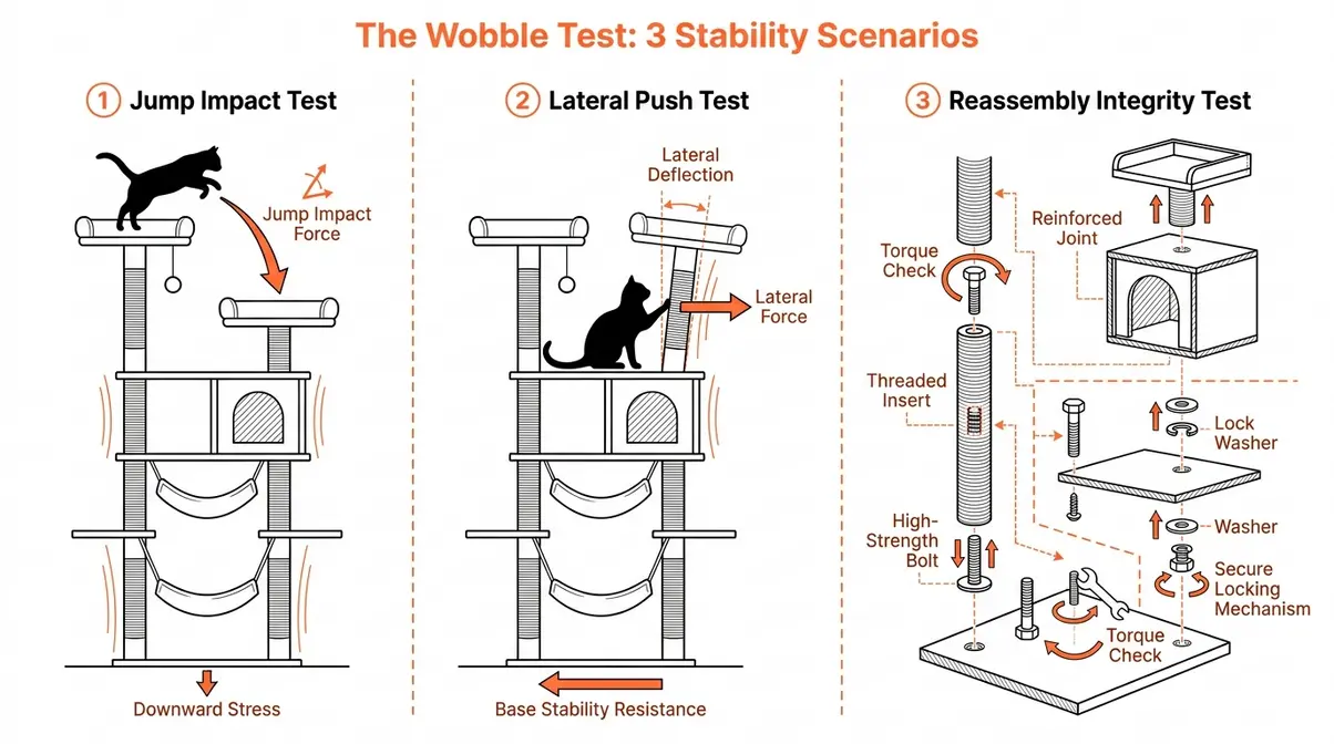 Diagram showing three Wobble Test stability scenarios for the Yaheetech cat tree including jump and lateral push