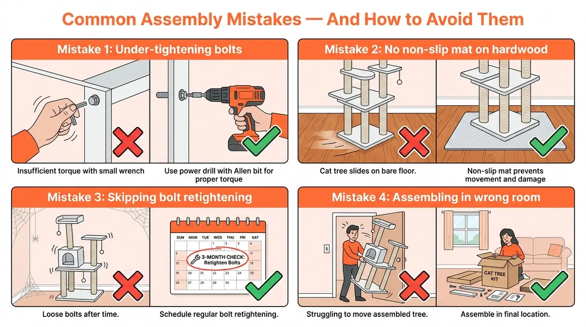 Illustrated four-panel guide showing common Yaheetech cat tree assembly mistakes and how to avoid each one