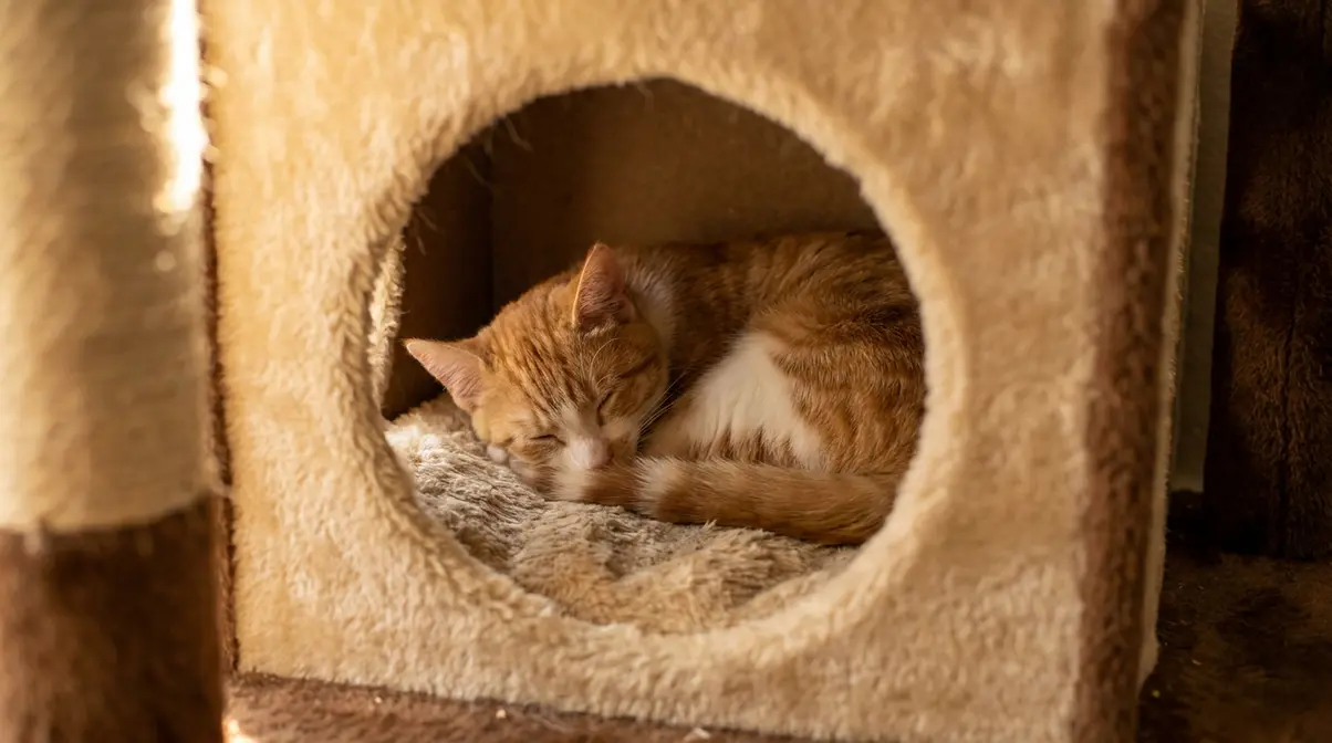 Small cat curled inside Yaheetech cat tree condo showing plush interior texture and approximate interior dimensions