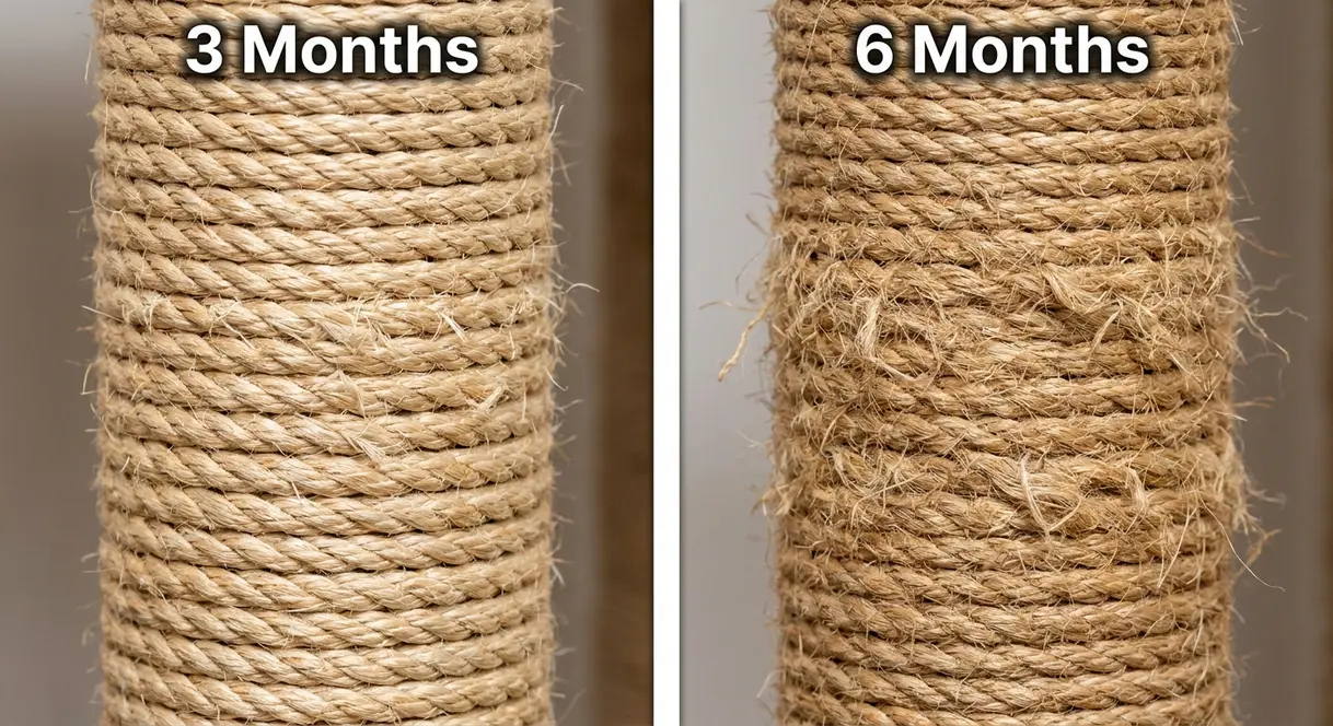 Side-by-side close-up of Yaheetech cat tree sisal rope at three months and six months showing wear progression