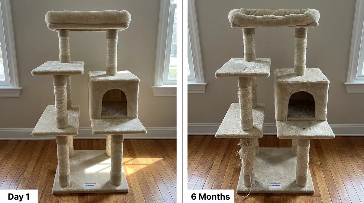 Side-by-side comparison of Yaheetech cat tree at day one and six months showing sisal and plush wear progression