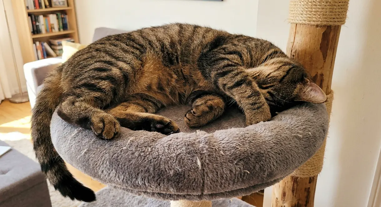 Tabby cat resting fully stretched on Yaheetech cat tree top perch showing plush surface texture and perch width